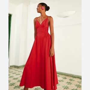 FARM Rio Red V-Neck linen blend maxi dress with ruched sides